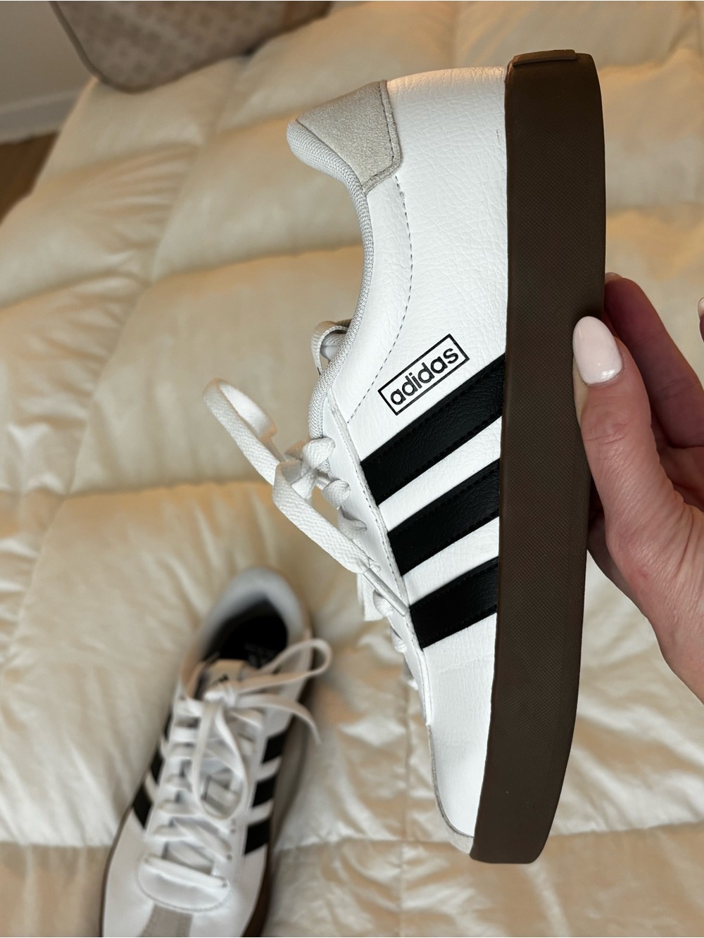 adidas White Sneakers with Black Stripes and Brown Sole - Picture 5 of 8